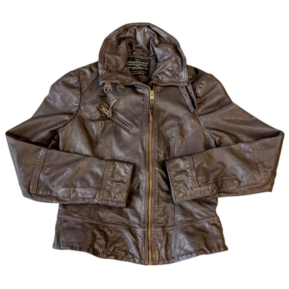 AllSaints ALL SAINTS Belvedere Bitter Brown Leather Gillet Jacket * Size 8 - Picture 11 of 14